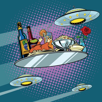 Flying a dinner tray and UFO Flying a dinner tray and UFO, pop art retro vector illustration. Delicious food. Science fiction