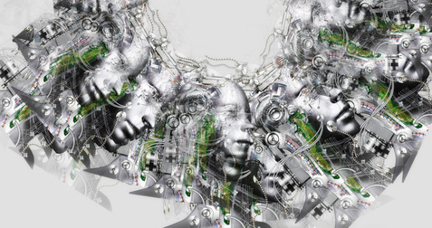 Computer generated image of surreal cyborg heads Computer generated image of surreal cyborg heads