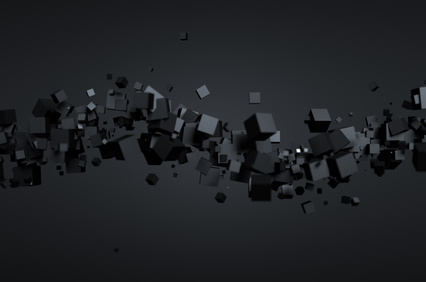 Abstract 3D Rendering of Flying Cubes. Abstract 3d rendering of chaotic particles. Futuristic cubes in empty space. Sci-fi background.