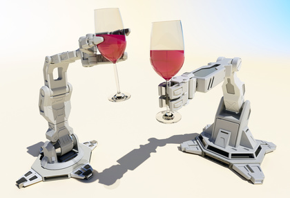Glasses of wine in the hands of robots.