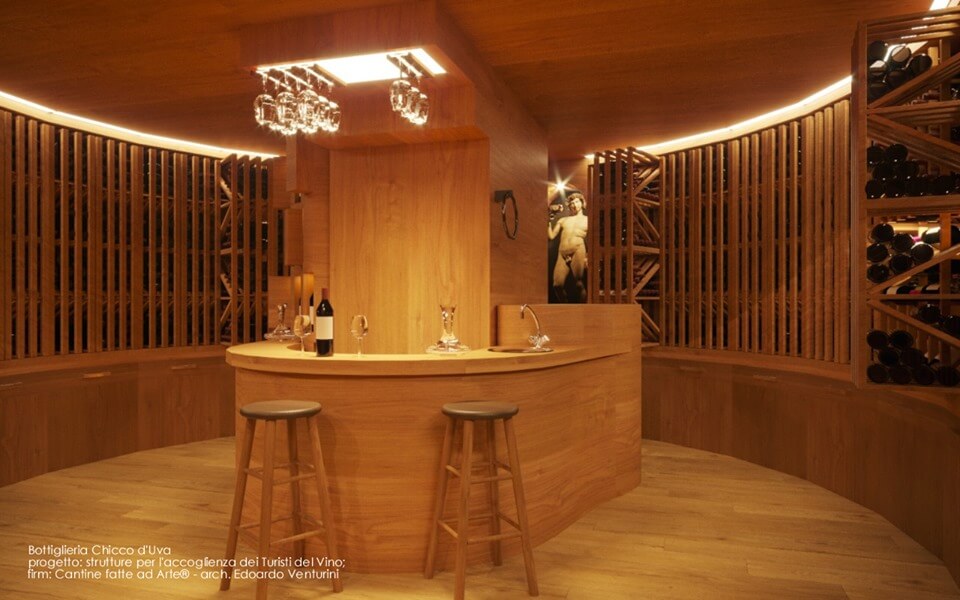salle de dégustation très contemporaine bois Bottigliera Chicco d'Uva Cantine fatte ad arte