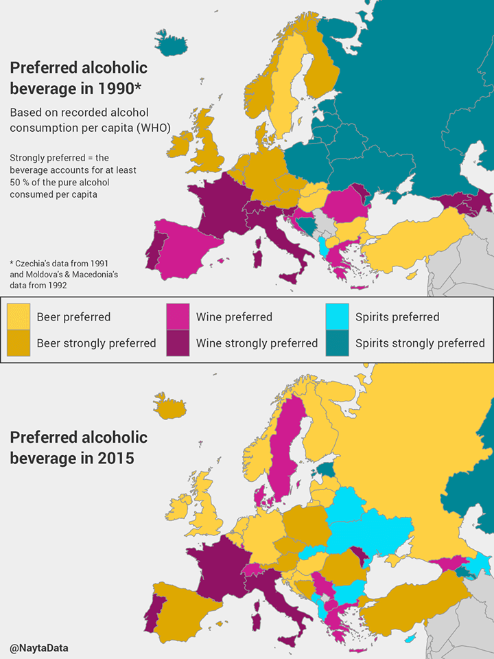Evolu consommation d'alcools en Europe de 1990 à 2015